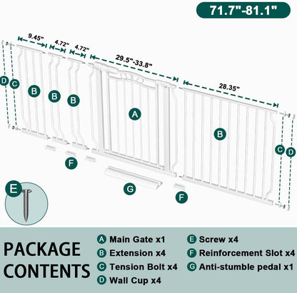 Fairy Baby 62.5"-71.6" Extra Wide Baby Gate Pressure Mount, Long Large Dog Gate Indoor Doorways Stairs, No Drill Safety Child Gate for Kids with Double Lock, Walk Thru Pet Gate for Puppy Doggy, Black
