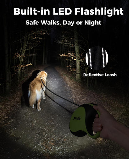 Retractable Dog Leash with Light, 16.4 ft Retractable Pet Leash with Anti-Slip Soft Grip, 360° Tangle-Free, One-Button Control, Reflective Leashes for Small Medium Dog Up to 66 lbs