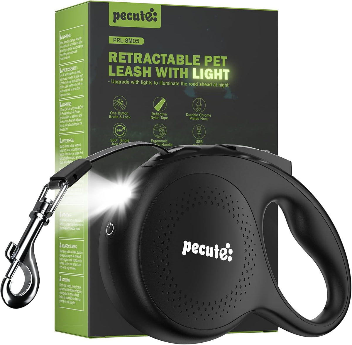Retractable Dog Leash with Light, 16.4 ft Retractable Pet Leash with Anti-Slip Soft Grip, 360° Tangle-Free, One-Button Control, Reflective Leashes for Small Medium Dog Up to 66 lbs