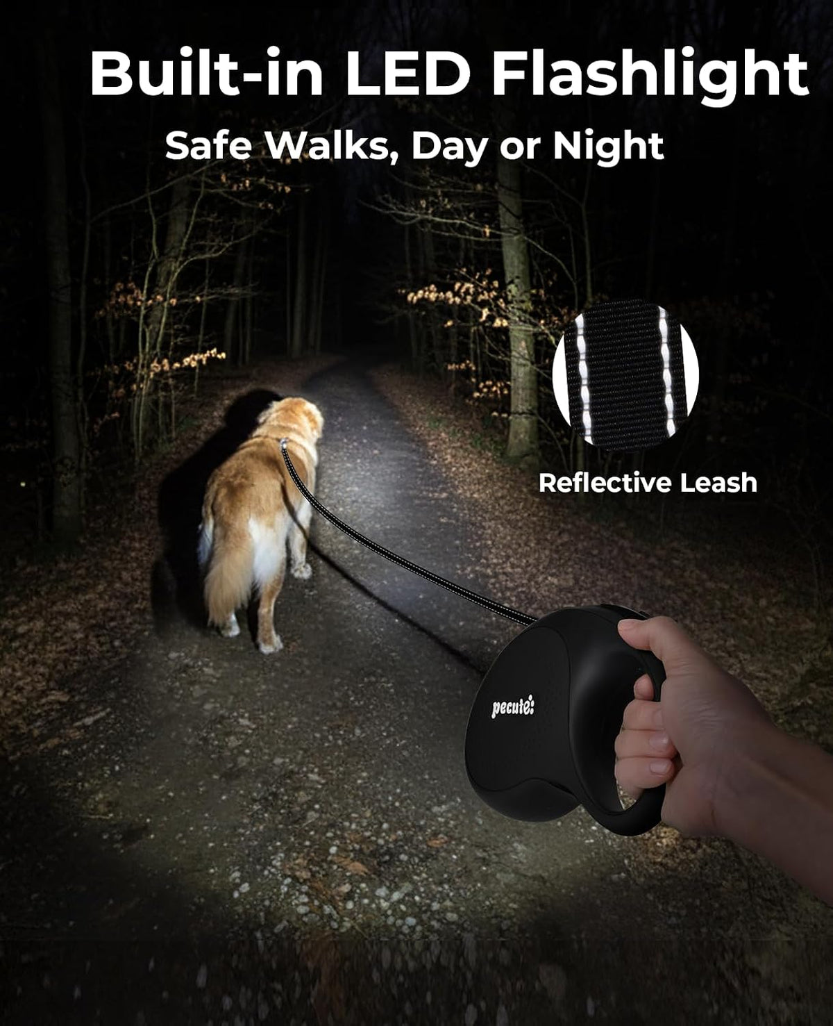 Retractable Dog Leash with Light, 16.4 ft Retractable Pet Leash with Anti-Slip Soft Grip, 360° Tangle-Free, One-Button Control, Reflective Leashes for Small Medium Dog Up to 66 lbs