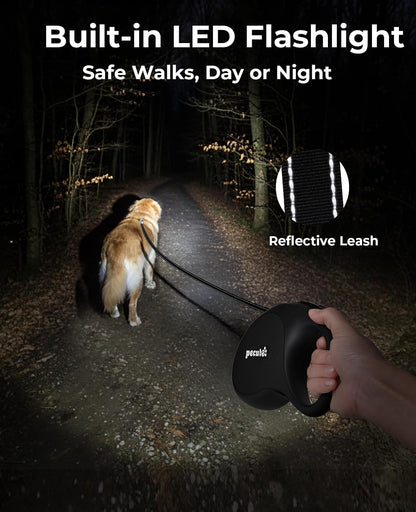 Retractable Dog Leash with Light, 16.4 ft Retractable Pet Leash with Anti-Slip Soft Grip, 360° Tangle-Free, One-Button Control, Reflective Leashes for Small Medium Dog Up to 66 lbs