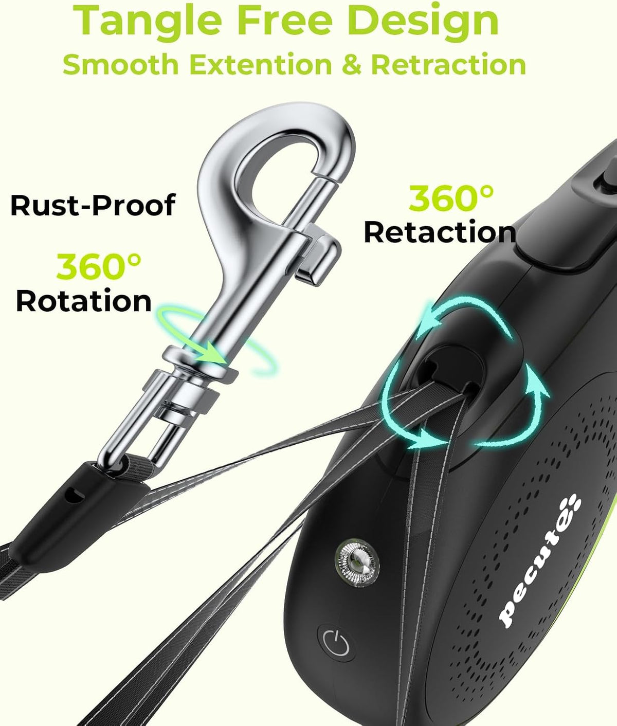 Retractable Dog Leash with Light, 16.4 ft Retractable Pet Leash with Anti-Slip Soft Grip, 360° Tangle-Free, One-Button Control, Reflective Leashes for Small Medium Dog Up to 66 lbs