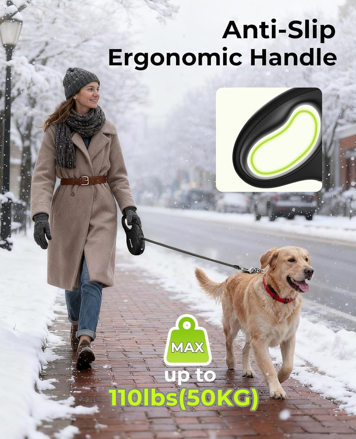 Retractable Dog Leash with Light, 16.4 ft Retractable Pet Leash with Anti-Slip Soft Grip, 360° Tangle-Free, One-Button Control, Reflective Leashes for Small Medium Dog Up to 66 lbs