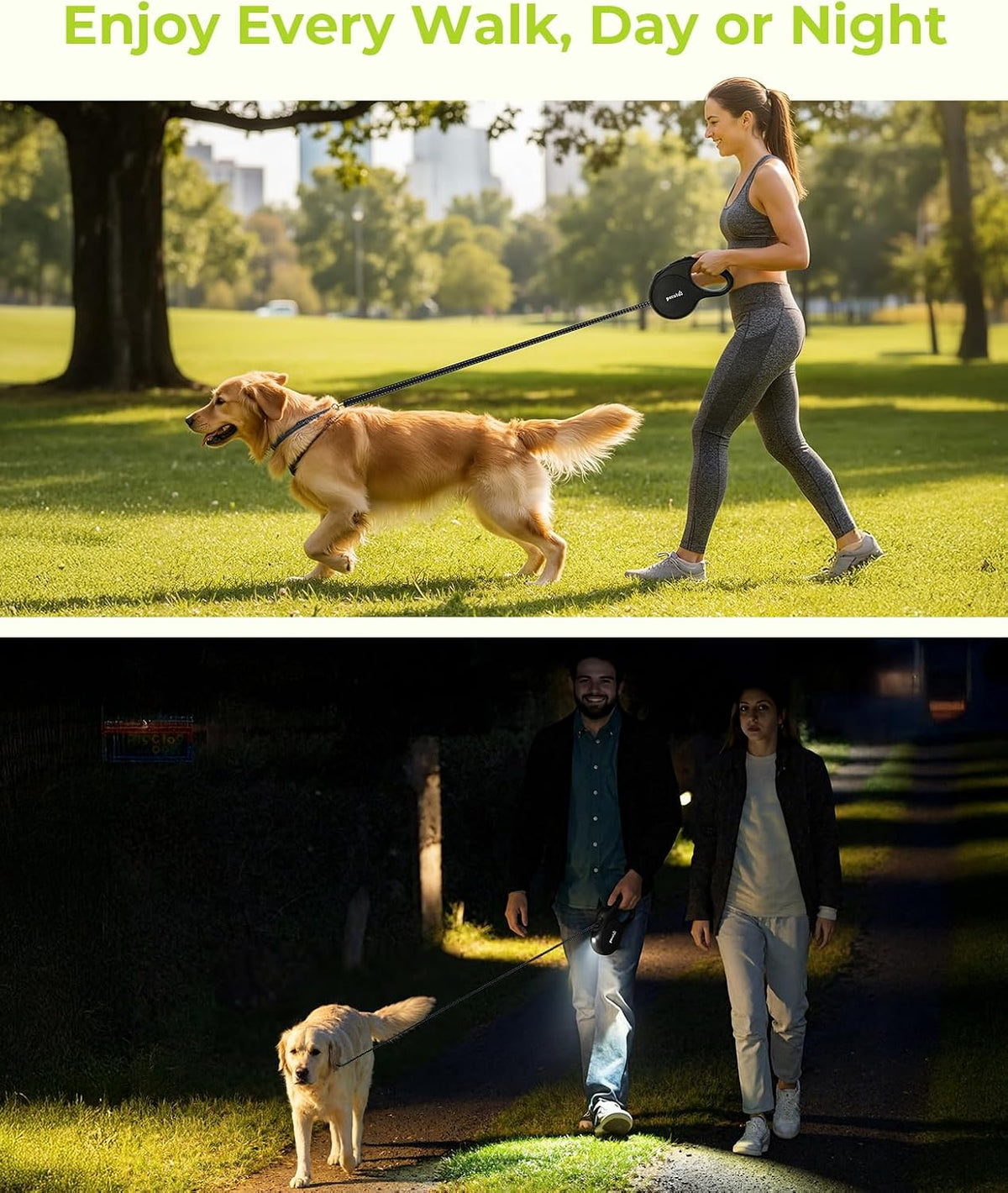 Retractable Dog Leash with Light, 16.4 ft Retractable Pet Leash with Anti-Slip Soft Grip, 360° Tangle-Free, One-Button Control, Reflective Leashes for Small Medium Dog Up to 66 lbs