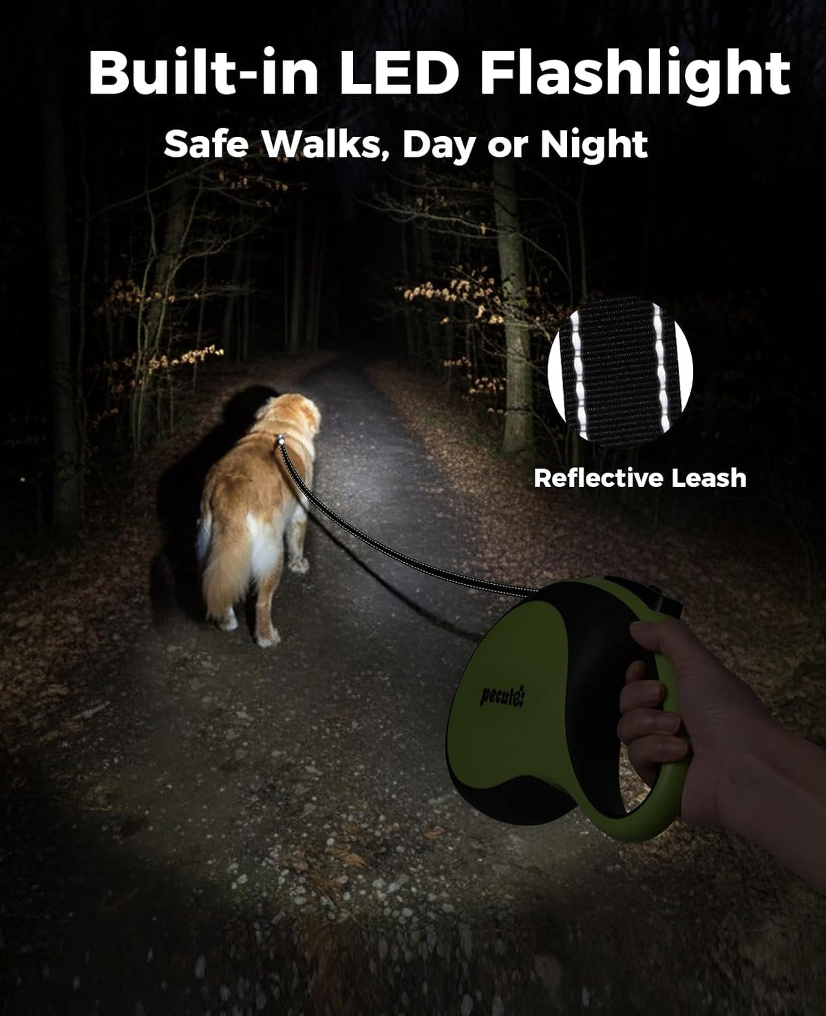 Retractable Dog Leash with Light, 16.4 ft Retractable Pet Leash with Anti-Slip Soft Grip, 360° Tangle-Free, One-Button Control, Reflective Leashes for Small Medium Dog Up to 66 lbs