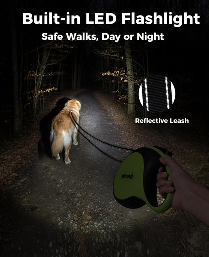 Retractable Dog Leash with Light, 16.4 ft Retractable Pet Leash with Anti-Slip Soft Grip, 360° Tangle-Free, One-Button Control, Reflective Leashes for Small Medium Dog Up to 66 lbs