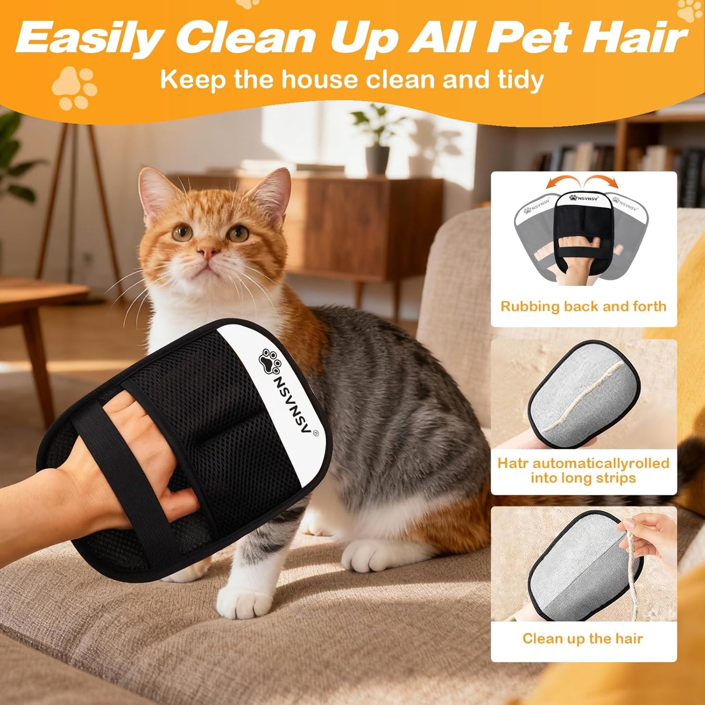 NSVNSV Pet Hair Removal Glove for Dog and Cat, Reusable Pet Hair Remover, Magic Brush Pet Hair Removal Tool, Pet Grooming Gloves for Couch, Clothing, Carpet, Furniture, Car Seats, Blue, 1pcs