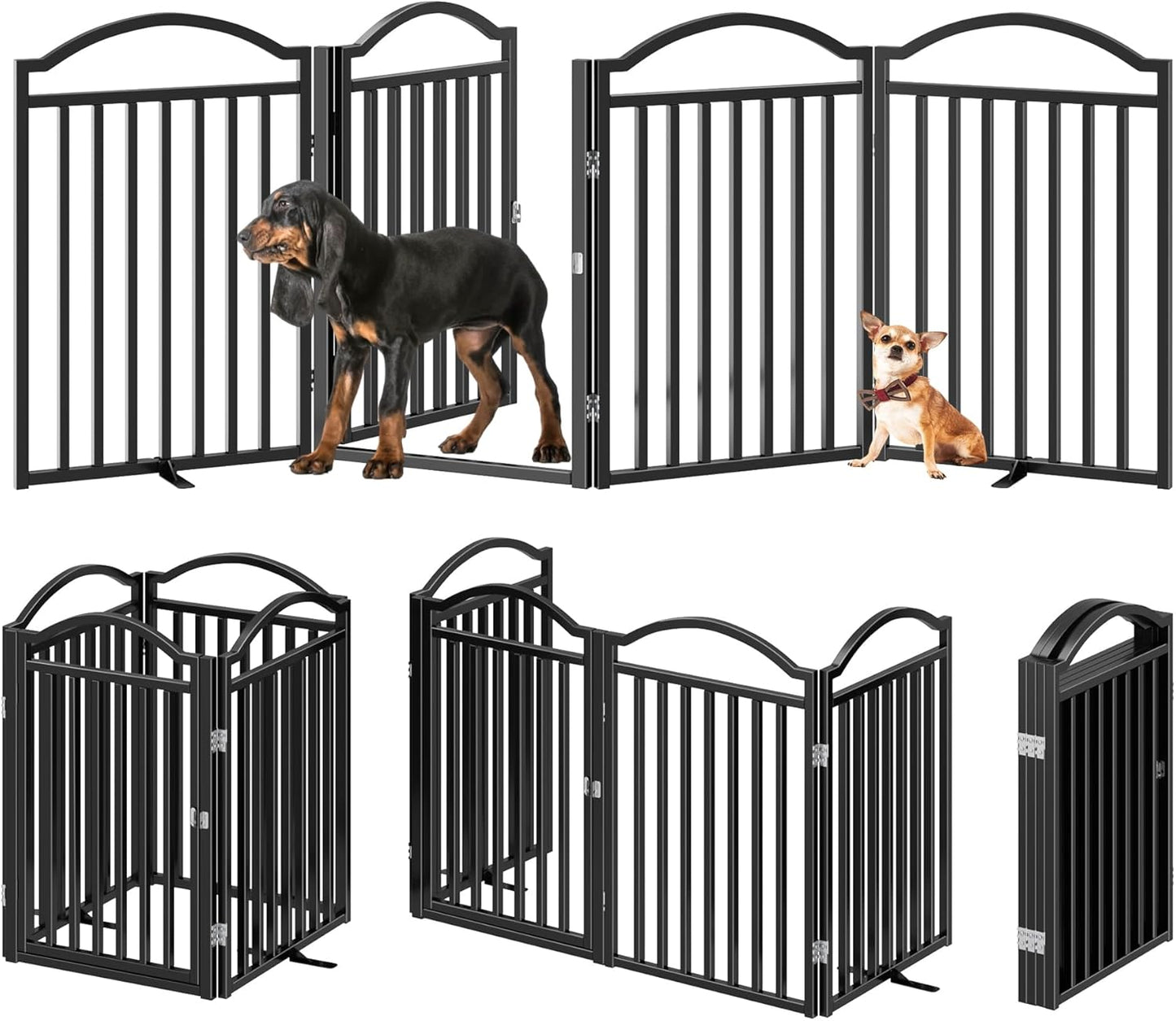Metal No-Assembly Freestanding Dog Gate with Door Walk Through, Extra Wide 144", Extra Tall 32" Pet Gate, Accordion Puppy Folding Playpen Dog Fence for Indoor & Outdoor, with 2PCS Support - Black