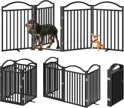 Metal No-Assembly Freestanding Dog Gate with Door Walk Through, Extra Wide 144", Extra Tall 32" Pet Gate, Accordion Puppy Folding Playpen Dog Fence for Indoor & Outdoor, with 2PCS Support - Black