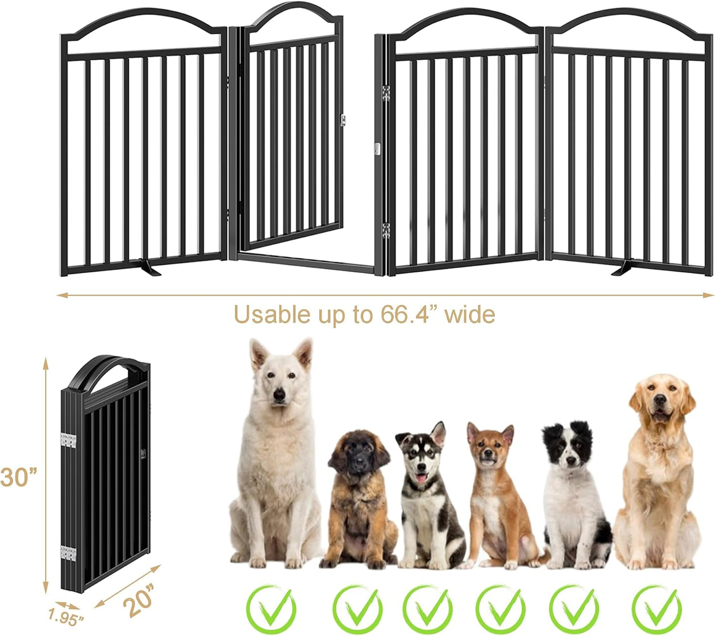 Metal No-Assembly Freestanding Dog Gate with Door Walk Through, Extra Wide 144", Extra Tall 32" Pet Gate, Accordion Puppy Folding Playpen Dog Fence for Indoor & Outdoor, with 2PCS Support - Black