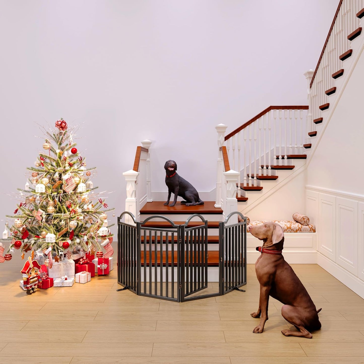 Metal No-Assembly Freestanding Dog Gate with Door Walk Through, Extra Wide 144", Extra Tall 32" Pet Gate, Accordion Puppy Folding Playpen Dog Fence for Indoor & Outdoor, with 2PCS Support - Black