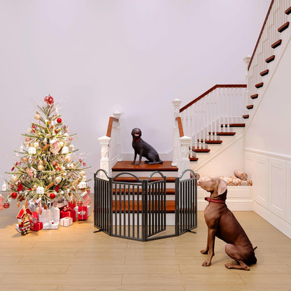 Metal No-Assembly Freestanding Dog Gate with Door Walk Through, Extra Wide 144", Extra Tall 32" Pet Gate, Accordion Puppy Folding Playpen Dog Fence for Indoor & Outdoor, with 2PCS Support - Black