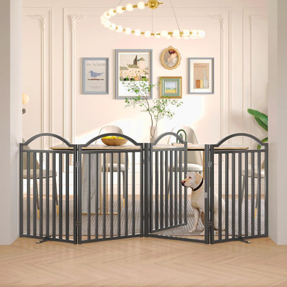 Metal No-Assembly Freestanding Dog Gate with Door Walk Through, Extra Wide 144", Extra Tall 32" Pet Gate, Accordion Puppy Folding Playpen Dog Fence for Indoor & Outdoor, with 2PCS Support - Black
