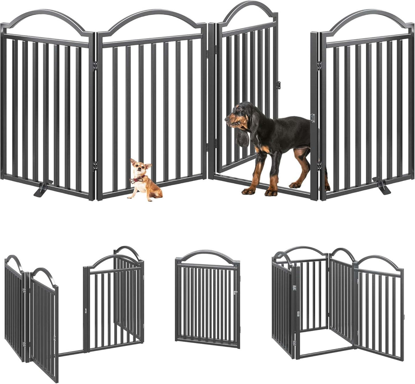 Metal No-Assembly Freestanding Dog Gate with Door Walk Through, Extra Wide 144", Extra Tall 32" Pet Gate, Accordion Puppy Folding Playpen Dog Fence for Indoor & Outdoor, with 2PCS Support - Black