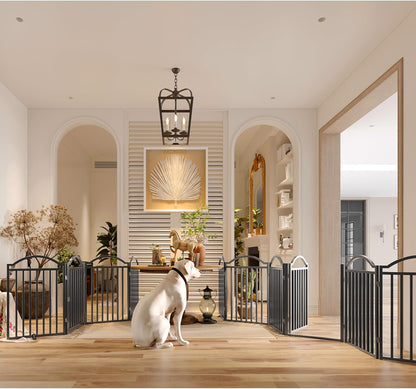 Metal No-Assembly Freestanding Dog Gate with Door Walk Through, Extra Wide 144", Extra Tall 32" Pet Gate, Accordion Puppy Folding Playpen Dog Fence for Indoor & Outdoor, with 2PCS Support - Black