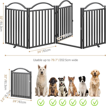 Metal No-Assembly Freestanding Dog Gate with Door Walk Through, Extra Wide 144", Extra Tall 32" Pet Gate, Accordion Puppy Folding Playpen Dog Fence for Indoor & Outdoor, with 2PCS Support - Black