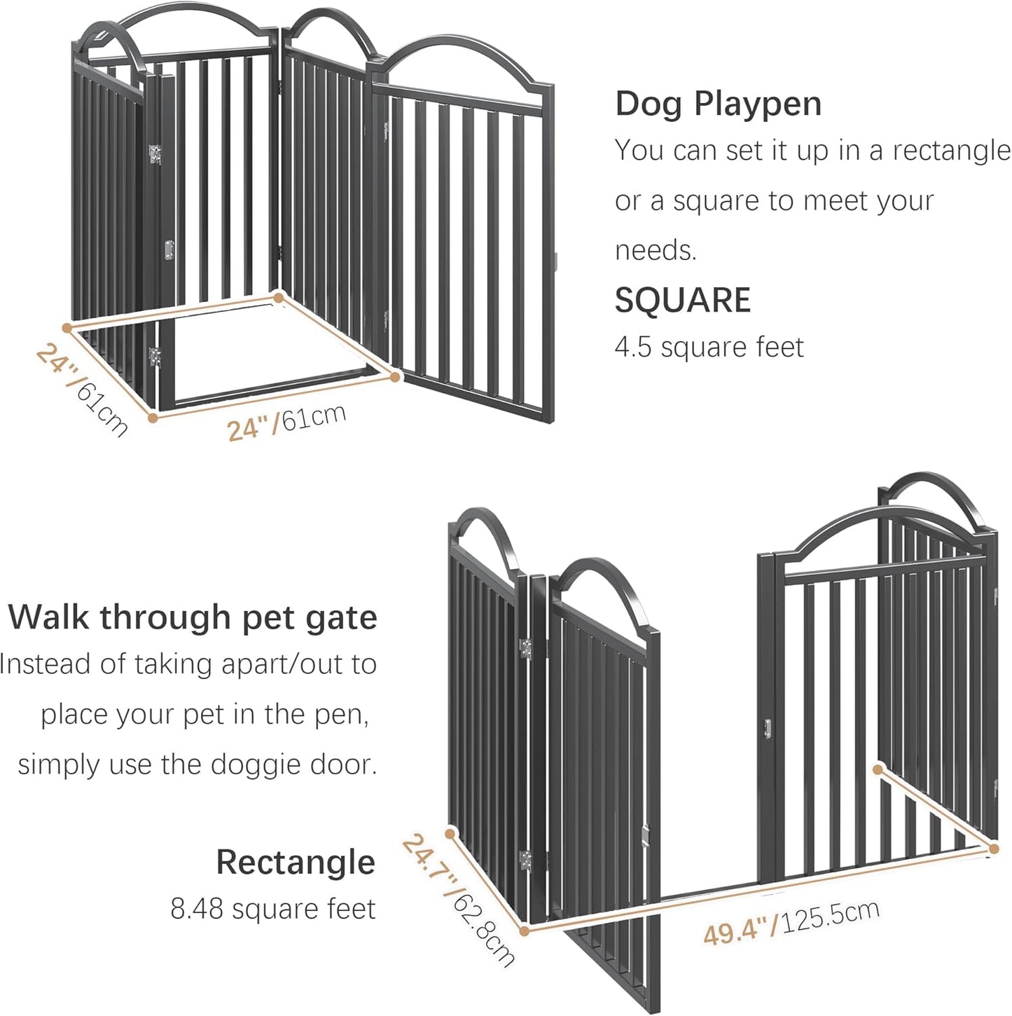 Metal No-Assembly Freestanding Dog Gate with Door Walk Through, Extra Wide 144", Extra Tall 32" Pet Gate, Accordion Puppy Folding Playpen Dog Fence for Indoor & Outdoor, with 2PCS Support - Black