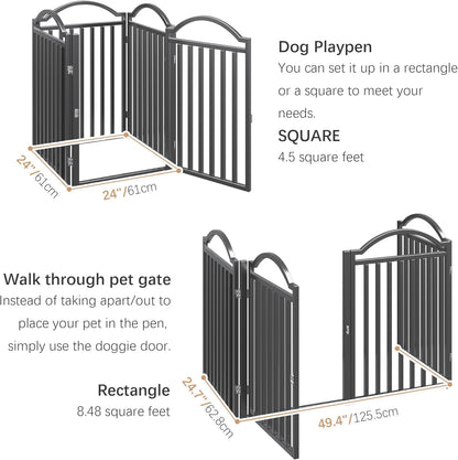 Metal No-Assembly Freestanding Dog Gate with Door Walk Through, Extra Wide 144", Extra Tall 32" Pet Gate, Accordion Puppy Folding Playpen Dog Fence for Indoor & Outdoor, with 2PCS Support - Black