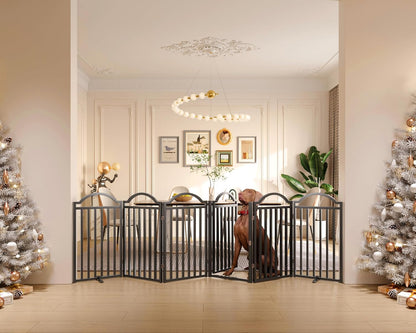 Metal No-Assembly Freestanding Dog Gate with Door Walk Through, Extra Wide 144", Extra Tall 32" Pet Gate, Accordion Puppy Folding Playpen Dog Fence for Indoor & Outdoor, with 2PCS Support - Black