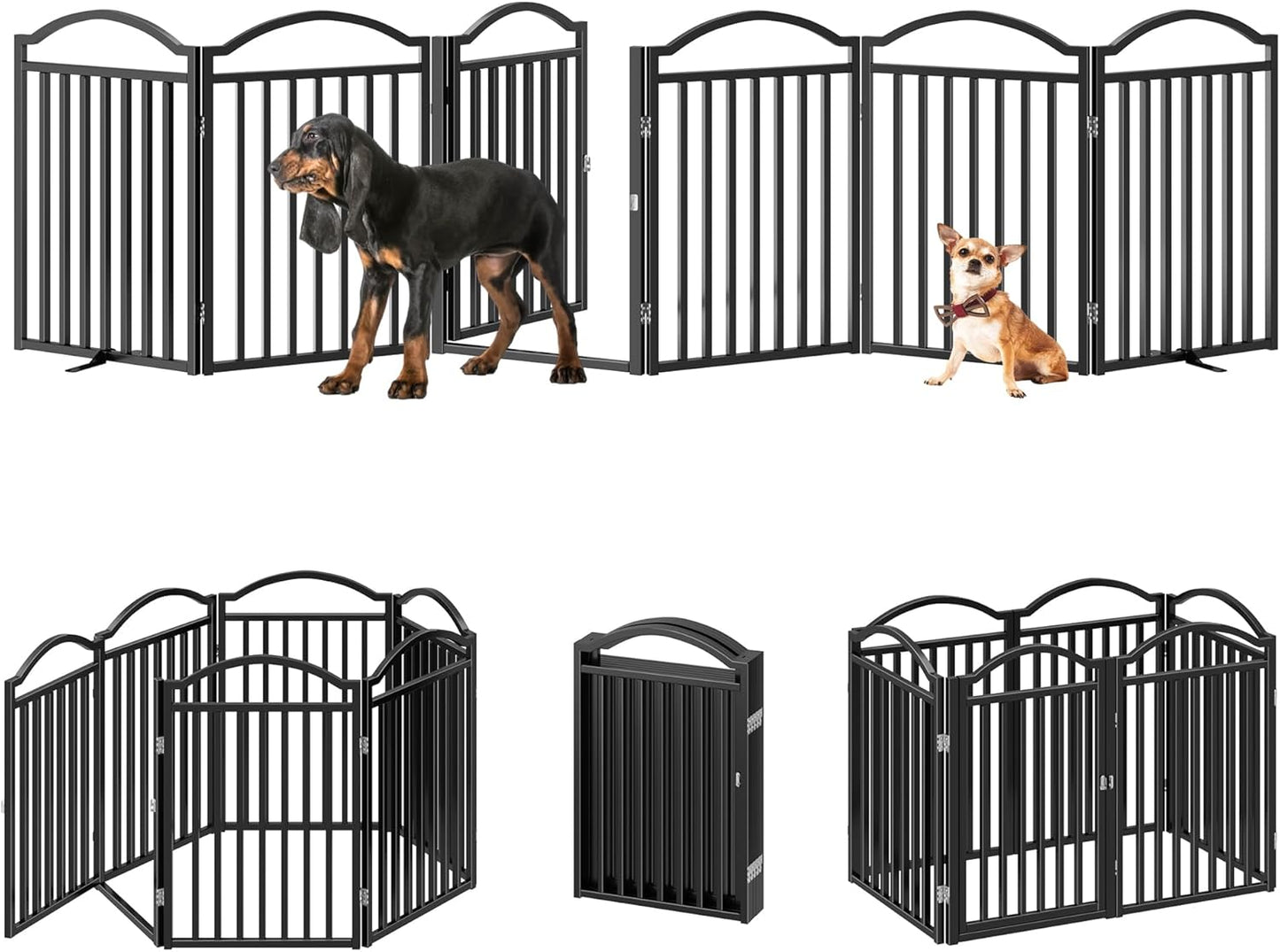 Metal No-Assembly Freestanding Dog Gate with Door Walk Through, Extra Wide 144", Extra Tall 32" Pet Gate, Accordion Puppy Folding Playpen Dog Fence for Indoor & Outdoor, with 2PCS Support - Black