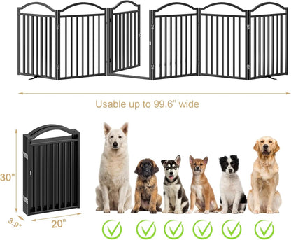 Metal No-Assembly Freestanding Dog Gate with Door Walk Through, Extra Wide 144", Extra Tall 32" Pet Gate, Accordion Puppy Folding Playpen Dog Fence for Indoor & Outdoor, with 2PCS Support - Black