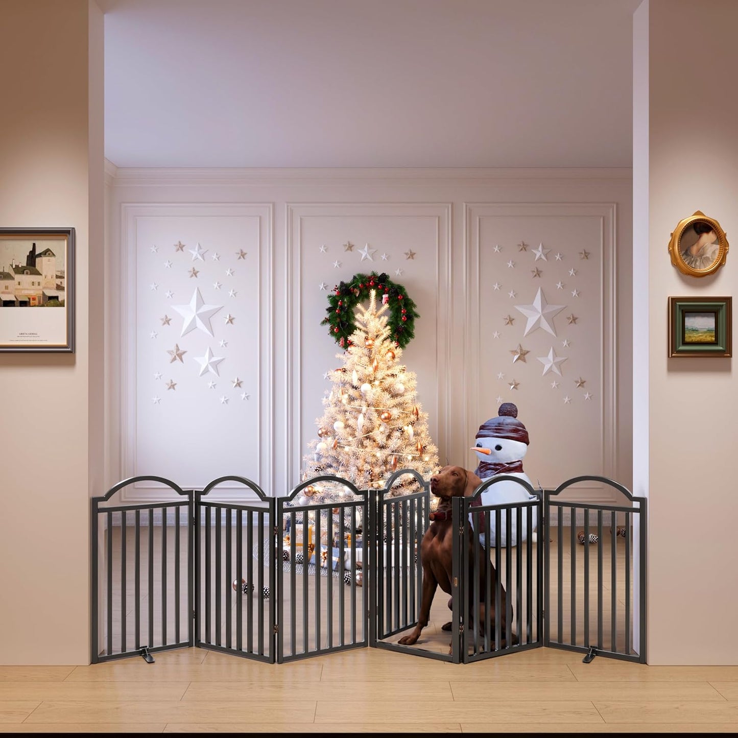 Metal No-Assembly Freestanding Dog Gate with Door Walk Through, Extra Wide 144", Extra Tall 32" Pet Gate, Accordion Puppy Folding Playpen Dog Fence for Indoor & Outdoor, with 2PCS Support - Black