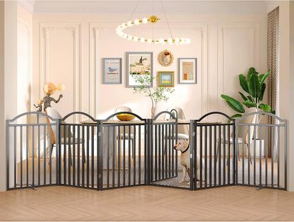 Metal No-Assembly Freestanding Dog Gate with Door Walk Through, Extra Wide 144", Extra Tall 32" Pet Gate, Accordion Puppy Folding Playpen Dog Fence for Indoor & Outdoor, with 2PCS Support - Black