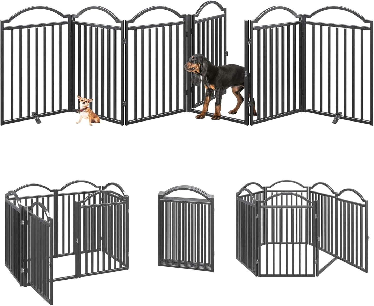 Metal No-Assembly Freestanding Dog Gate with Door Walk Through, Extra Wide 144", Extra Tall 32" Pet Gate, Accordion Puppy Folding Playpen Dog Fence for Indoor & Outdoor, with 2PCS Support - Black