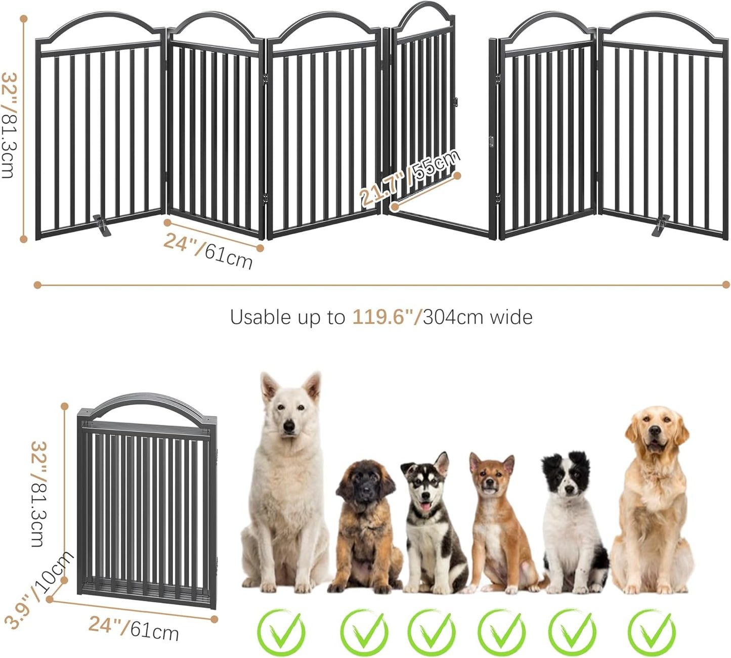 Metal No-Assembly Freestanding Dog Gate with Door Walk Through, Extra Wide 144", Extra Tall 32" Pet Gate, Accordion Puppy Folding Playpen Dog Fence for Indoor & Outdoor, with 2PCS Support - Black