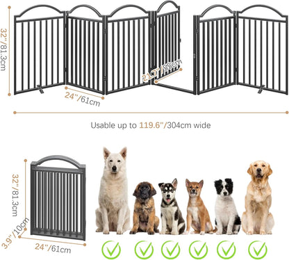 Metal No-Assembly Freestanding Dog Gate with Door Walk Through, Extra Wide 144", Extra Tall 32" Pet Gate, Accordion Puppy Folding Playpen Dog Fence for Indoor & Outdoor, with 2PCS Support - Black
