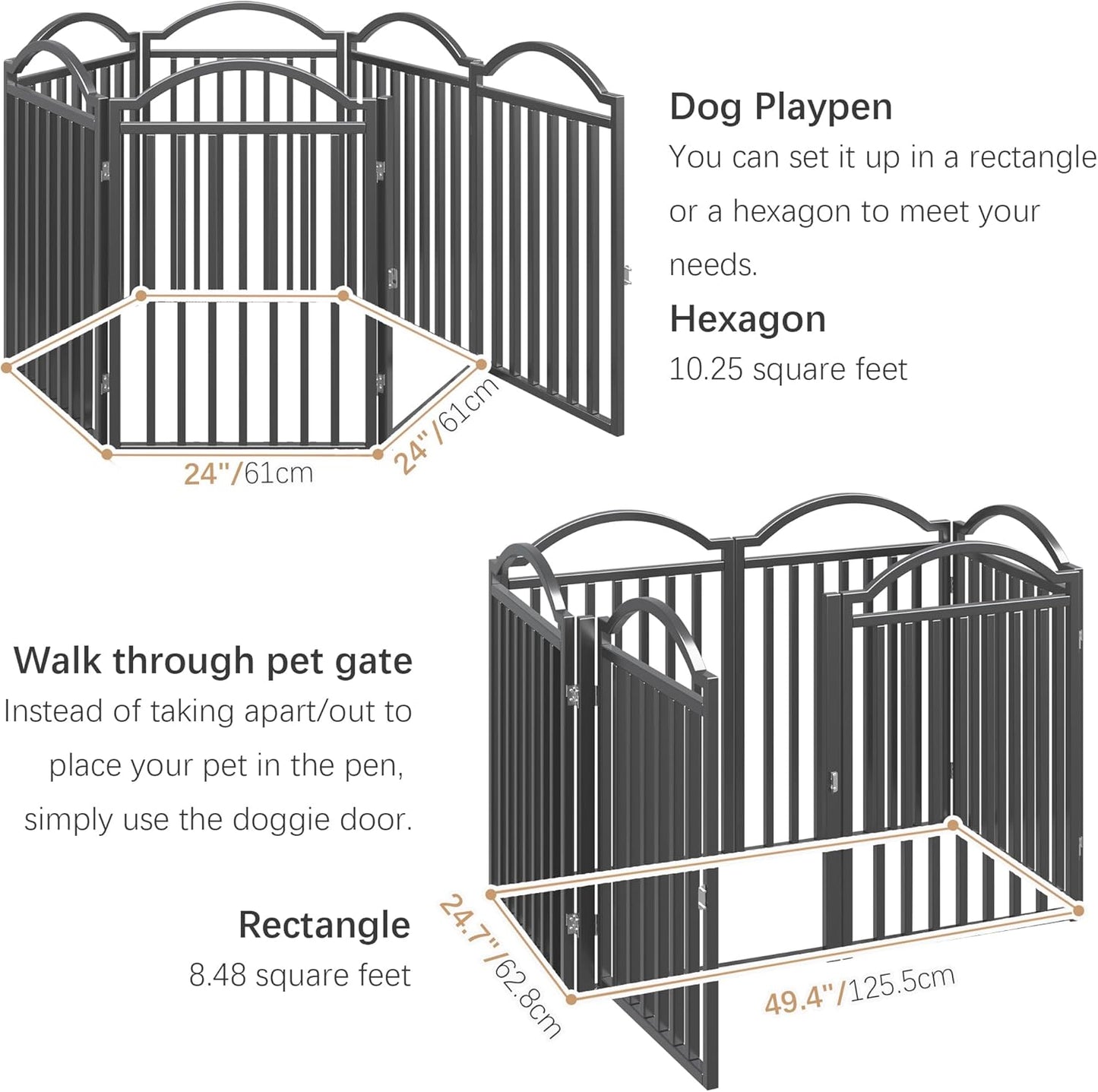 Metal No-Assembly Freestanding Dog Gate with Door Walk Through, Extra Wide 144", Extra Tall 32" Pet Gate, Accordion Puppy Folding Playpen Dog Fence for Indoor & Outdoor, with 2PCS Support - Black