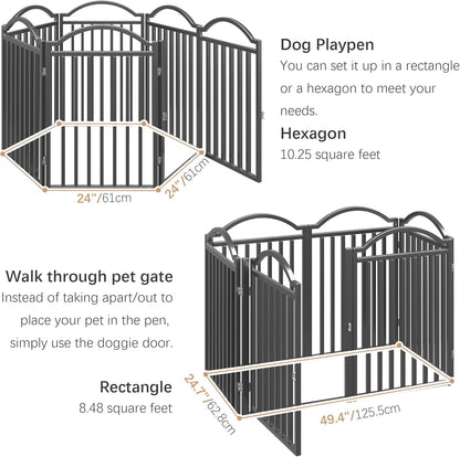 Metal No-Assembly Freestanding Dog Gate with Door Walk Through, Extra Wide 144", Extra Tall 32" Pet Gate, Accordion Puppy Folding Playpen Dog Fence for Indoor & Outdoor, with 2PCS Support - Black