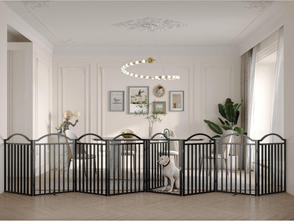 Metal No-Assembly Freestanding Dog Gate with Door Walk Through, Extra Wide 144", Extra Tall 32" Pet Gate, Accordion Puppy Folding Playpen Dog Fence for Indoor & Outdoor, with 2PCS Support - Black