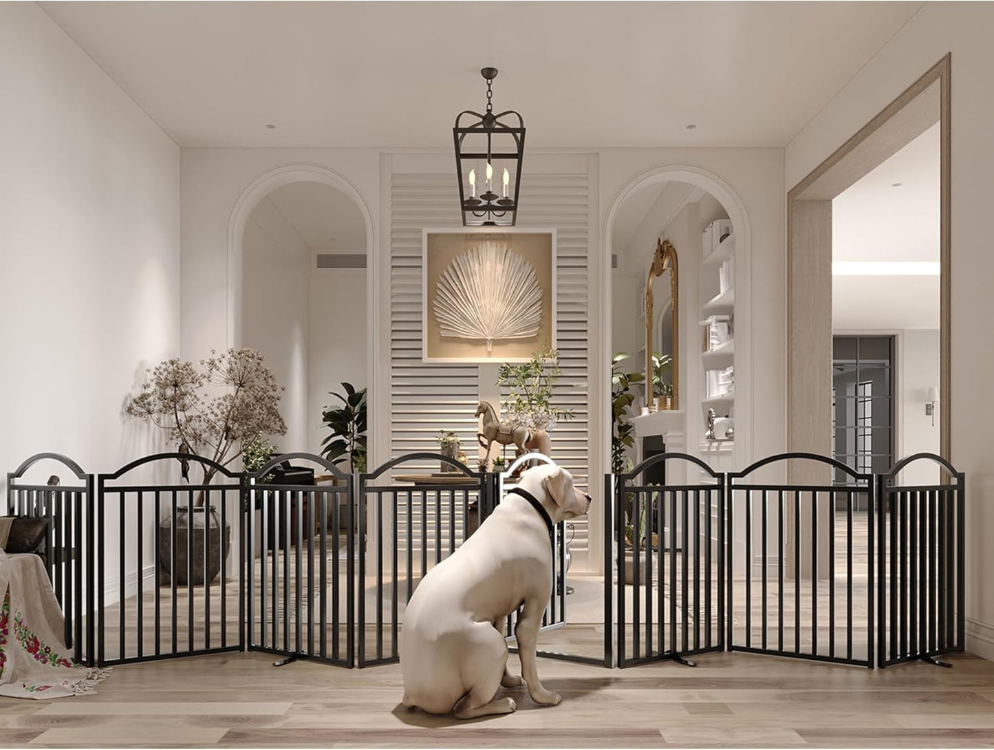 Metal No-Assembly Freestanding Dog Gate with Door Walk Through, Extra Wide 144", Extra Tall 32" Pet Gate, Accordion Puppy Folding Playpen Dog Fence for Indoor & Outdoor, with 2PCS Support - Black