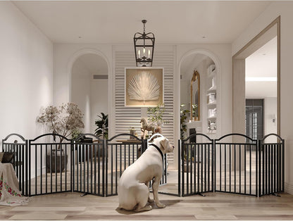 Metal No-Assembly Freestanding Dog Gate with Door Walk Through, Extra Wide 144", Extra Tall 32" Pet Gate, Accordion Puppy Folding Playpen Dog Fence for Indoor & Outdoor, with 2PCS Support - Black