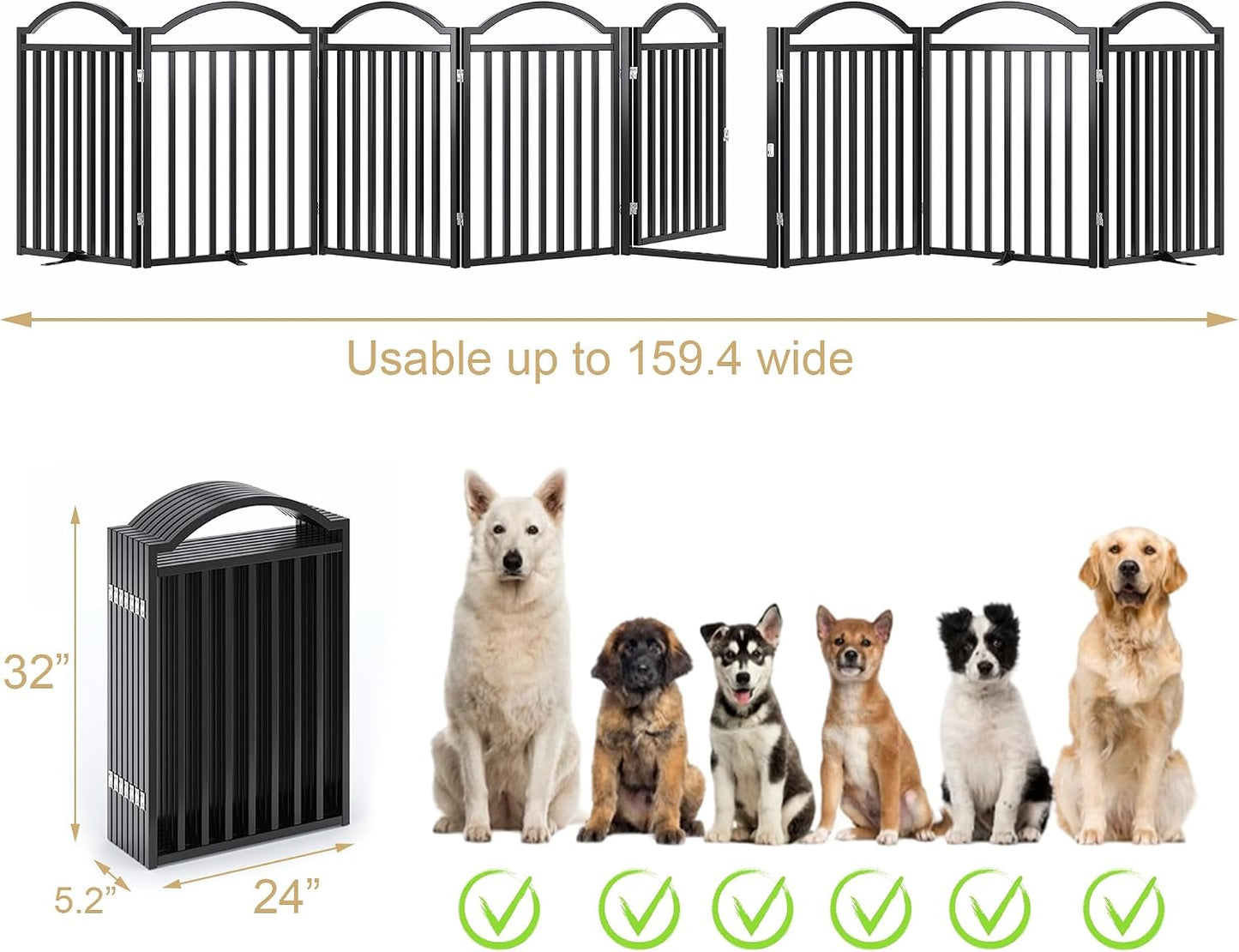 Metal No-Assembly Freestanding Dog Gate with Door Walk Through, Extra Wide 144", Extra Tall 32" Pet Gate, Accordion Puppy Folding Playpen Dog Fence for Indoor & Outdoor, with 2PCS Support - Black