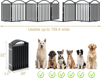 Metal No-Assembly Freestanding Dog Gate with Door Walk Through, Extra Wide 144", Extra Tall 32" Pet Gate, Accordion Puppy Folding Playpen Dog Fence for Indoor & Outdoor, with 2PCS Support - Black