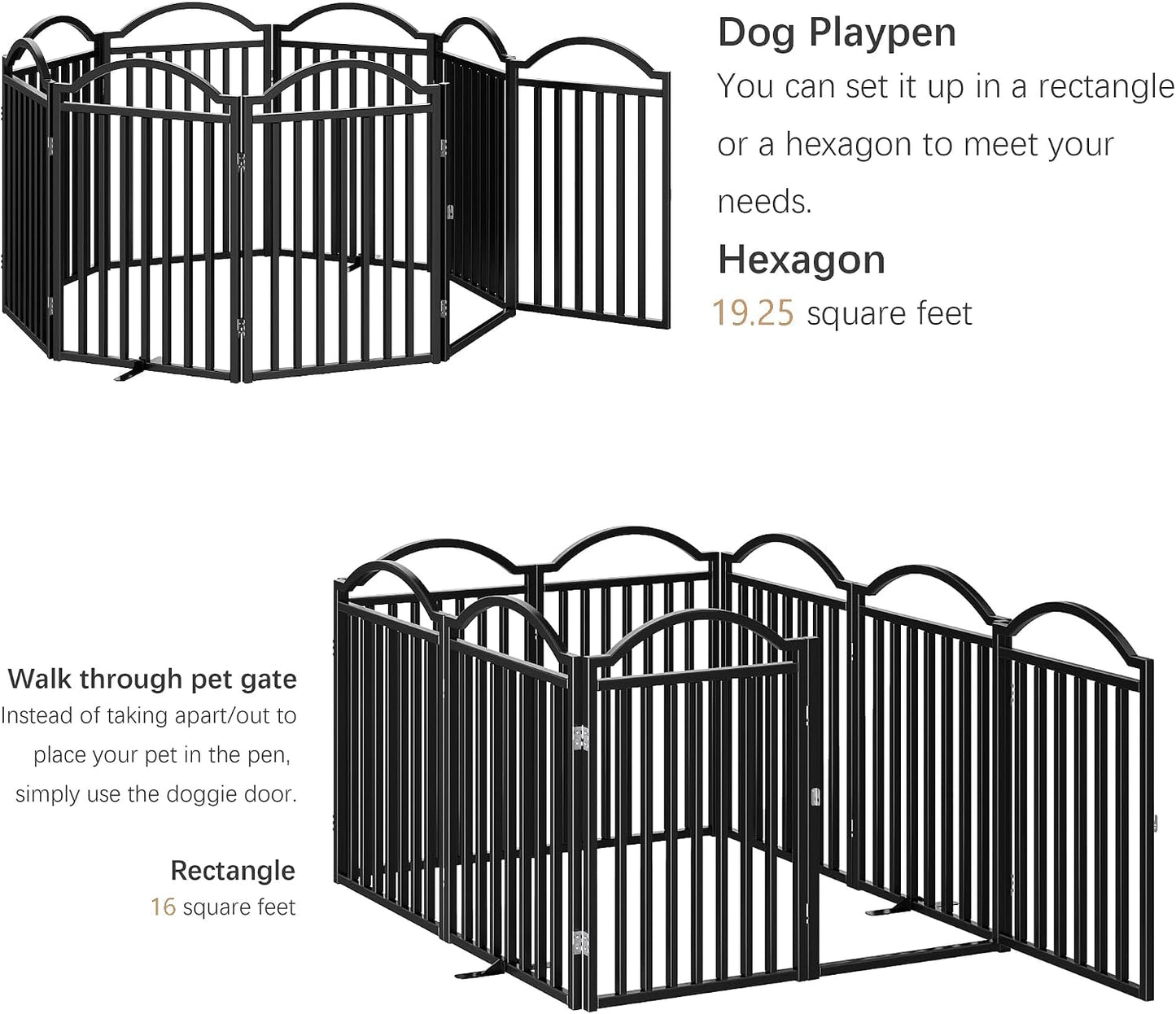Metal No-Assembly Freestanding Dog Gate with Door Walk Through, Extra Wide 144", Extra Tall 32" Pet Gate, Accordion Puppy Folding Playpen Dog Fence for Indoor & Outdoor, with 2PCS Support - Black
