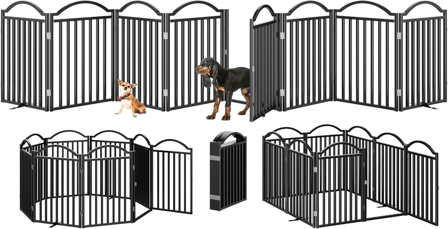 Metal No-Assembly Freestanding Dog Gate with Door Walk Through, Extra Wide 144", Extra Tall 32" Pet Gate, Accordion Puppy Folding Playpen Dog Fence for Indoor & Outdoor, with 2PCS Support - Black