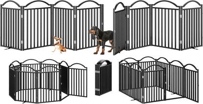 Metal No-Assembly Freestanding Dog Gate with Door Walk Through, Extra Wide 144", Extra Tall 32" Pet Gate, Accordion Puppy Folding Playpen Dog Fence for Indoor & Outdoor, with 2PCS Support - Black