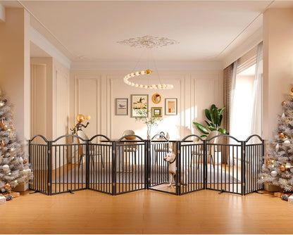 Metal No-Assembly Freestanding Dog Gate with Door Walk Through, Extra Wide 144", Extra Tall 32" Pet Gate, Accordion Puppy Folding Playpen Dog Fence for Indoor & Outdoor, with 2PCS Support - Black