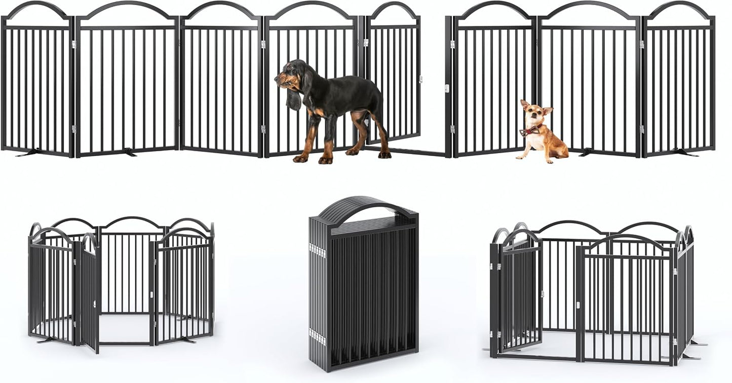 Metal No-Assembly Freestanding Dog Gate with Door Walk Through, Extra Wide 144", Extra Tall 32" Pet Gate, Accordion Puppy Folding Playpen Dog Fence for Indoor & Outdoor, with 2PCS Support - Black