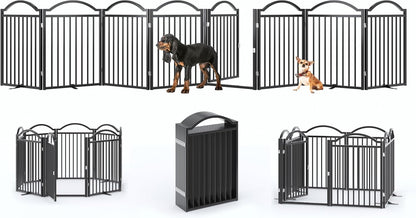 Metal No-Assembly Freestanding Dog Gate with Door Walk Through, Extra Wide 144", Extra Tall 32" Pet Gate, Accordion Puppy Folding Playpen Dog Fence for Indoor & Outdoor, with 2PCS Support - Black