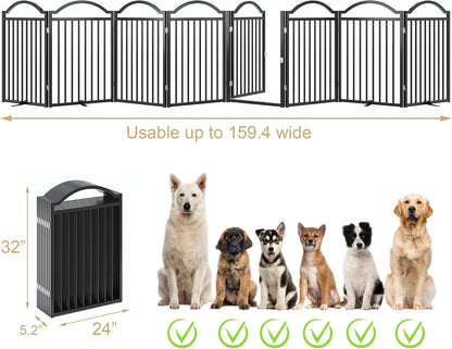 Metal No-Assembly Freestanding Dog Gate with Door Walk Through, Extra Wide 144", Extra Tall 32" Pet Gate, Accordion Puppy Folding Playpen Dog Fence for Indoor & Outdoor, with 2PCS Support - Black