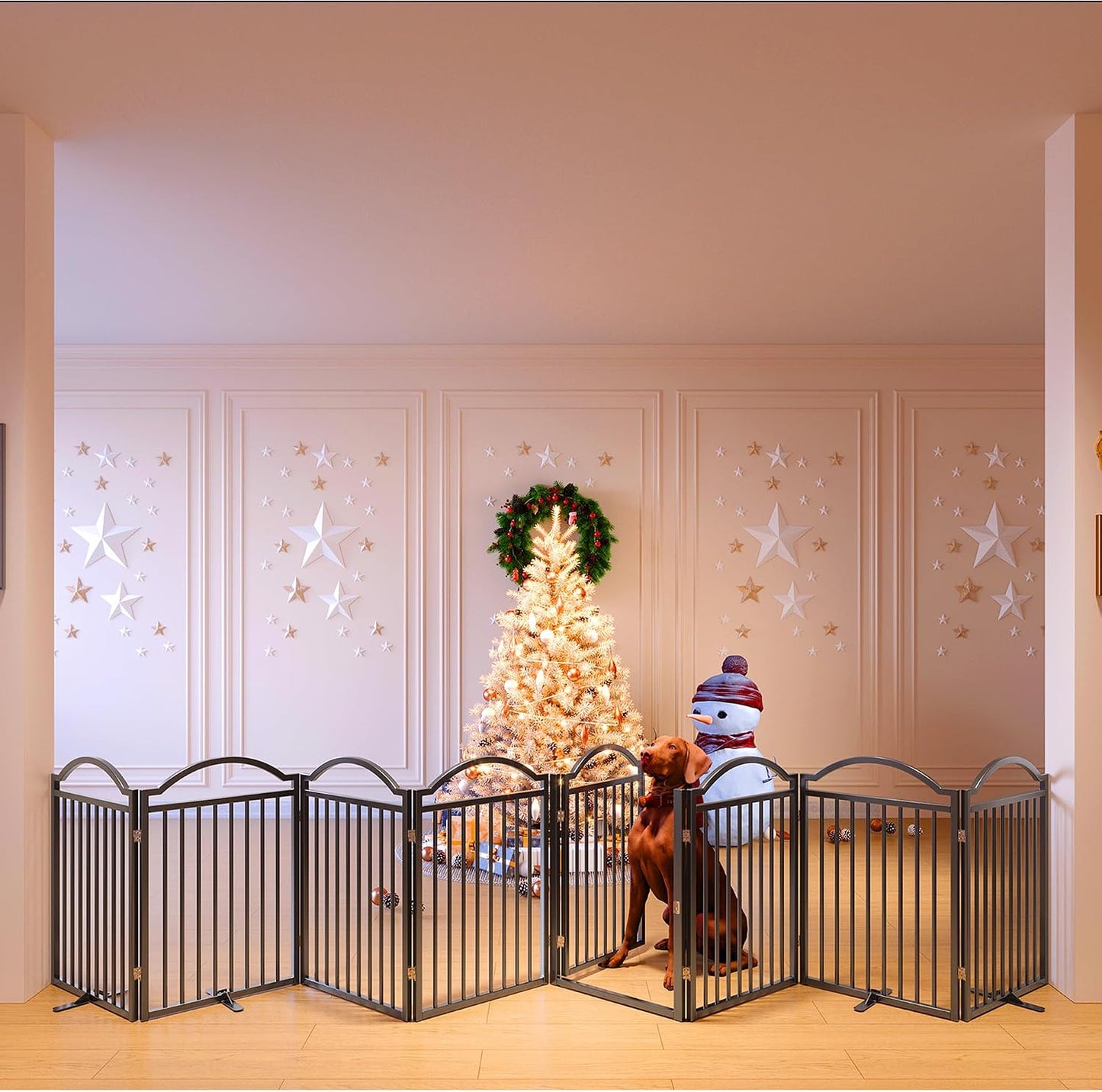 Metal No-Assembly Freestanding Dog Gate with Door Walk Through, Extra Wide 144", Extra Tall 32" Pet Gate, Accordion Puppy Folding Playpen Dog Fence for Indoor & Outdoor, with 2PCS Support - Black