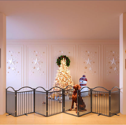 Metal No-Assembly Freestanding Dog Gate with Door Walk Through, Extra Wide 144", Extra Tall 32" Pet Gate, Accordion Puppy Folding Playpen Dog Fence for Indoor & Outdoor, with 2PCS Support - Black