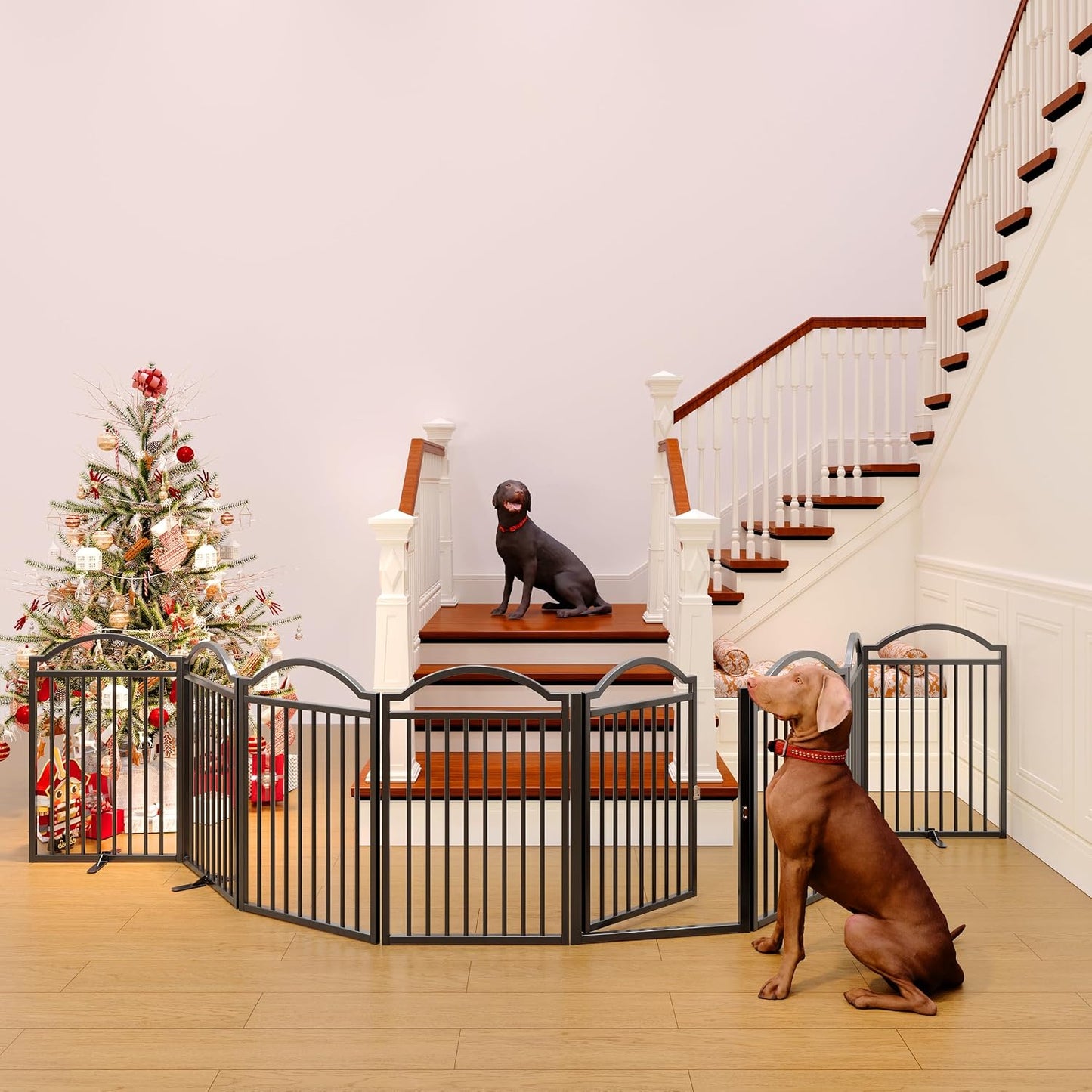 Metal No-Assembly Freestanding Dog Gate with Door Walk Through, Extra Wide 144", Extra Tall 32" Pet Gate, Accordion Puppy Folding Playpen Dog Fence for Indoor & Outdoor, with 2PCS Support - Black