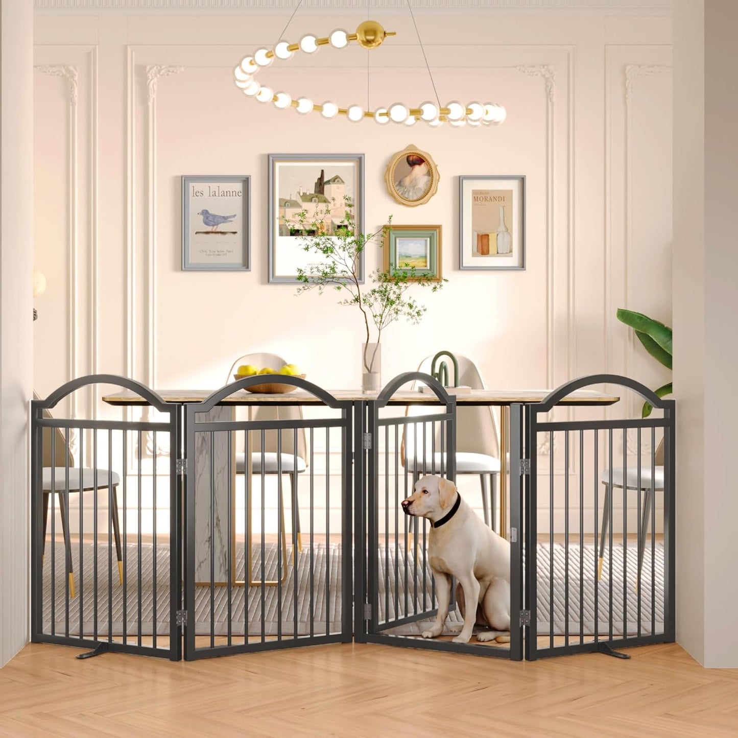 Metal No-Assembly Freestanding Dog Gate with Door Walk Through, Extra Wide 144", Extra Tall 32" Pet Gate, Accordion Puppy Folding Playpen Dog Fence for Indoor & Outdoor, with 2PCS Support - Black