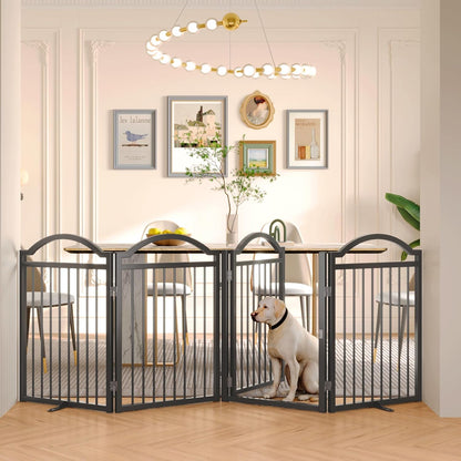 Metal No-Assembly Freestanding Dog Gate with Door Walk Through, Extra Wide 144", Extra Tall 32" Pet Gate, Accordion Puppy Folding Playpen Dog Fence for Indoor & Outdoor, with 2PCS Support - Black