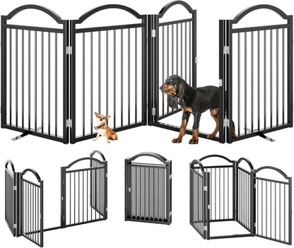 Metal No-Assembly Freestanding Dog Gate with Door Walk Through, Extra Wide 144", Extra Tall 32" Pet Gate, Accordion Puppy Folding Playpen Dog Fence for Indoor & Outdoor, with 2PCS Support - Black